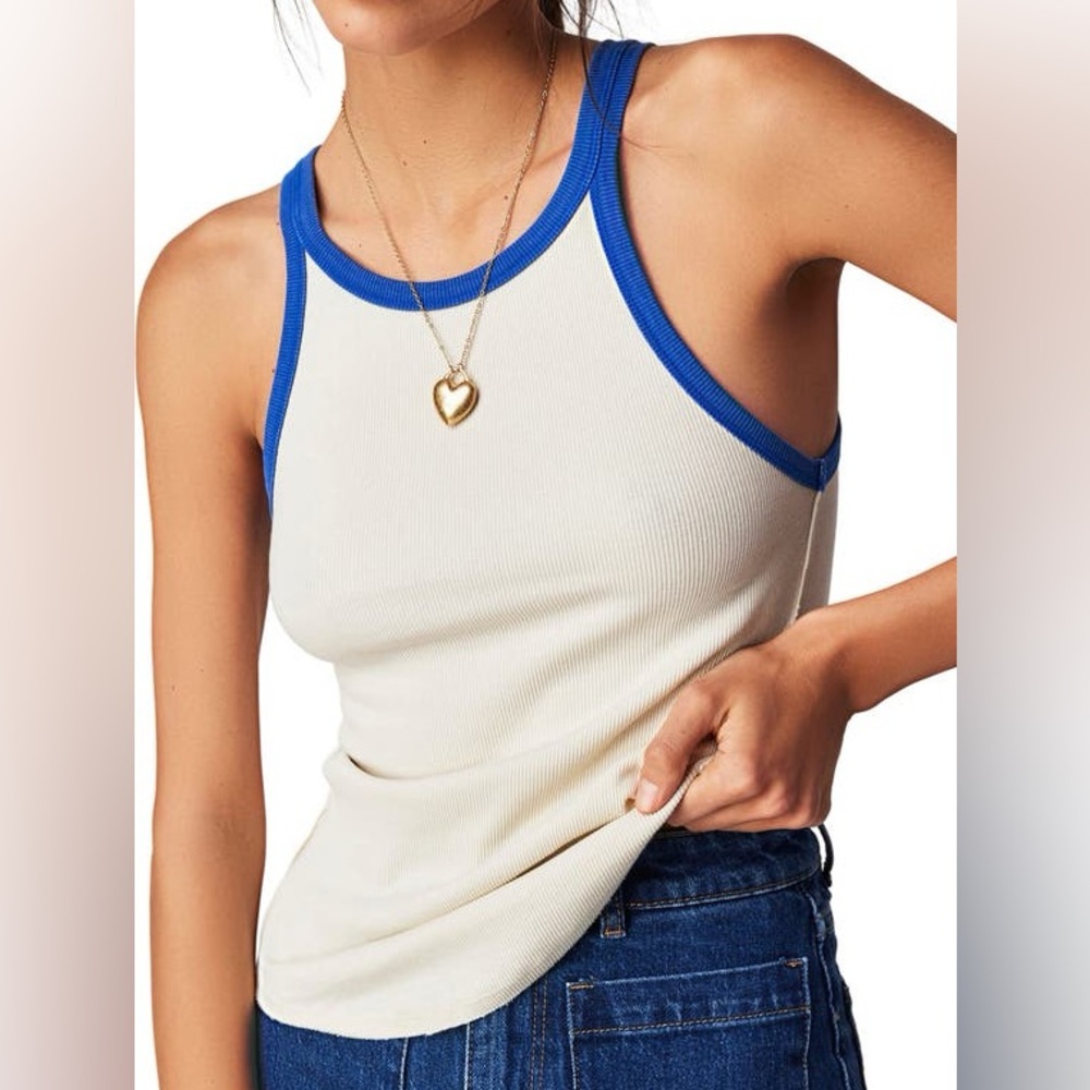 We The Free Cream Tank Top with Blue Trim